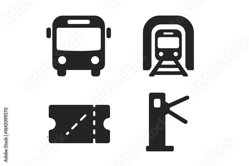 Transport options available for public commuting in urban areas showcasing bus, train, ticket, and barrier systems