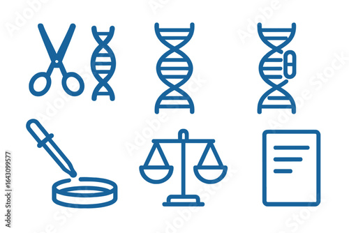 Icons representing genetic research, biotechnology, and legal aspects of scientific innovation