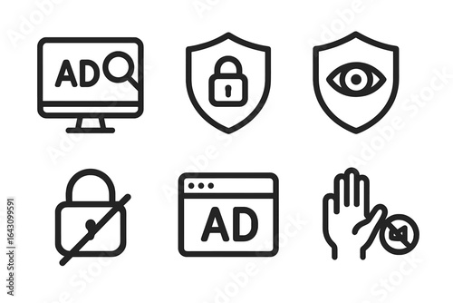 Various digital security icons depicting ad blocking, privacy protection, and online safety measures