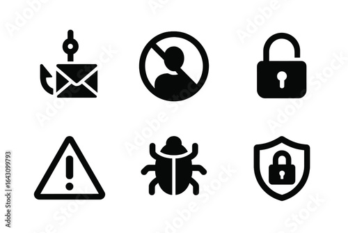 Icons representing cybersecurity threats and safety measures used in digital environments