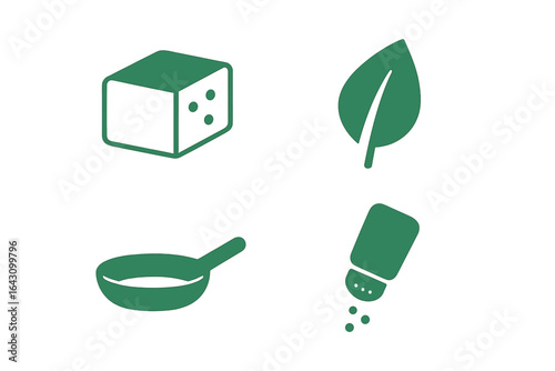 Cooking essentials featuring a cube, a leaf, a pan, and salt shaker arranged in a minimalistic style