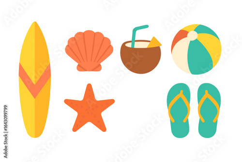 Summer beach essentials including surfboard, shell, coconut drink, starfish, beach ball, and flip flops for a fun day by the sea