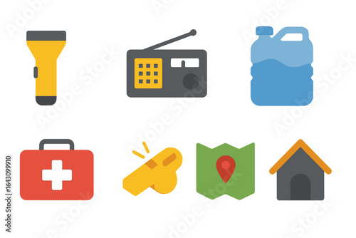 Emergency preparedness kit with essential tools and supplies displayed on a white background for safety planning