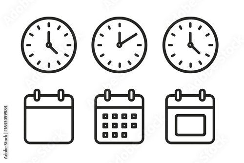 Clocks and calendars displaying various times and dates in a minimalist design suitable for organization and planning