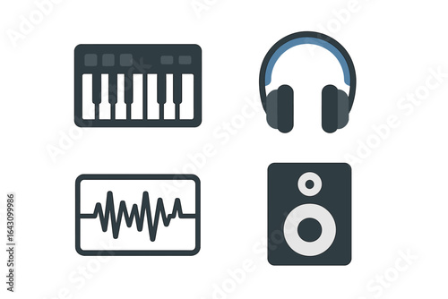 Music production equipment including MIDI keyboard, headphones, sound waveform, and speaker in digital design