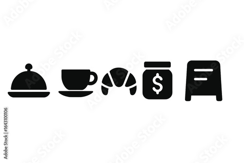 Culinary symbols representing food, beverages, and a cash transaction in a minimalist design