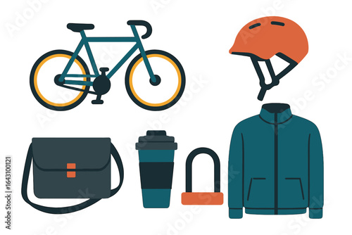 Essential items for cycling in urban areas, including bike, helmet, jacket, coffee cup, lock, and bag