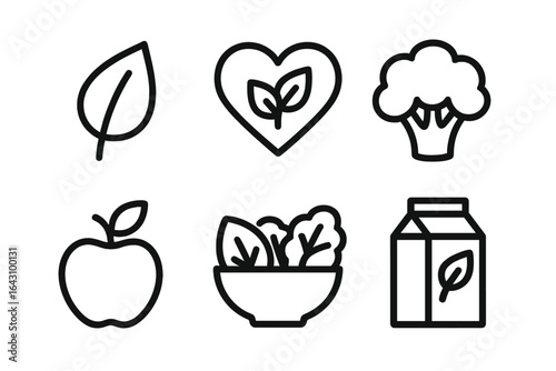 Health symbols featuring fruits, vegetables, and plant-based items on a simple background