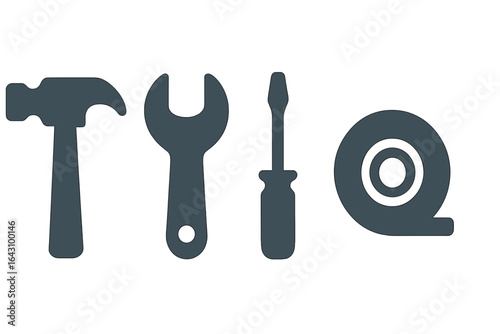 Essential hand tools including hammer, wrench, screwdriver, and tape measure arranged in a neat layout for DIY projects