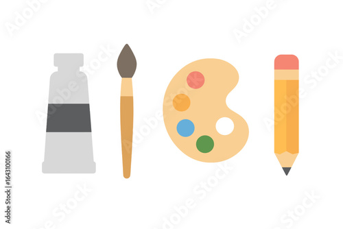 Creative tools for artists feature paint tube, brush, palette, and pencil lined up in a minimalistic design