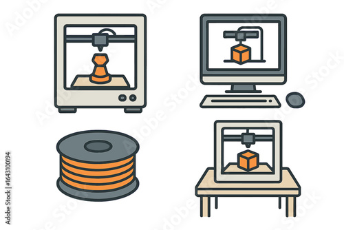 3D printing technology showcased with printer, spool, and computer