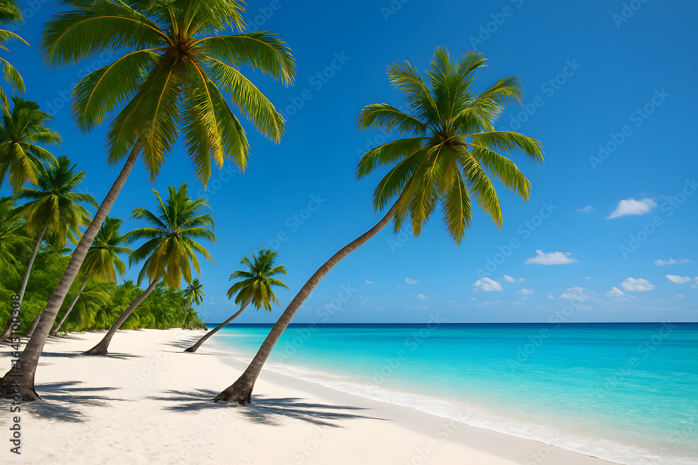 Untouched paradise: Serene shores under clear skies, adorned with graceful palms and crystalline water providing an Untouched paradise: Serene shores under clear skies, adorned with graceful palms and crystalline water providing an