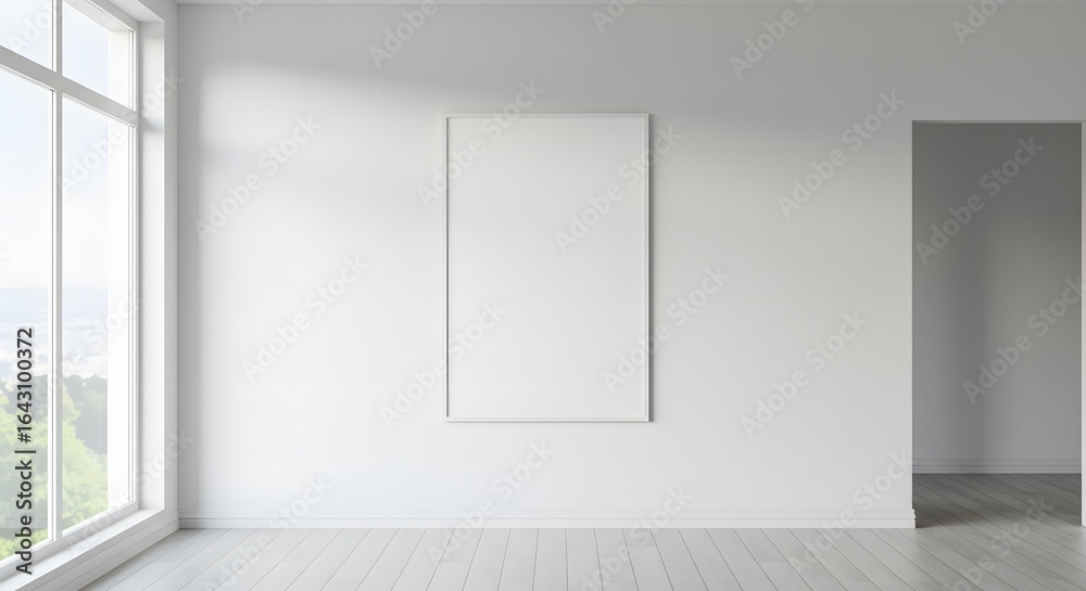 Fototapeta premium Bright and spacious modern empty room interior with large window and blank vertical frame on a white wall, offering a clean minimalist design for creative projects or home staging.