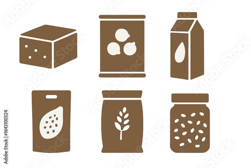 Various food items displayed in a simple, minimalist style on a white background, highlighting different types of packaging and contents
