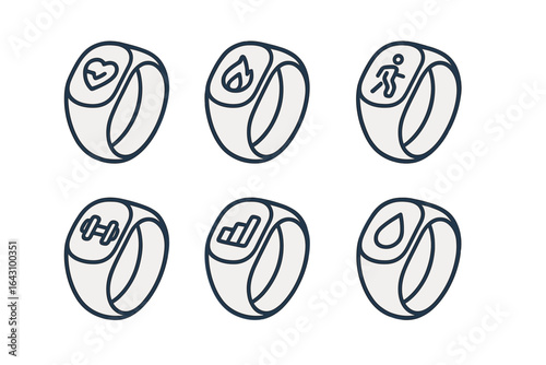 Smart rings designed for health tracking featuring various sensor icons and activities displayed in a minimalist style
