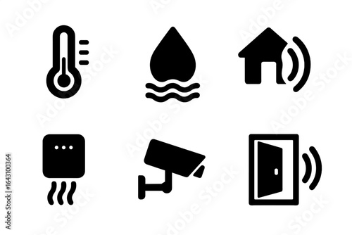 Smart home technology icons representing temperature, humidity, security, and door monitoring in a modern digital environment