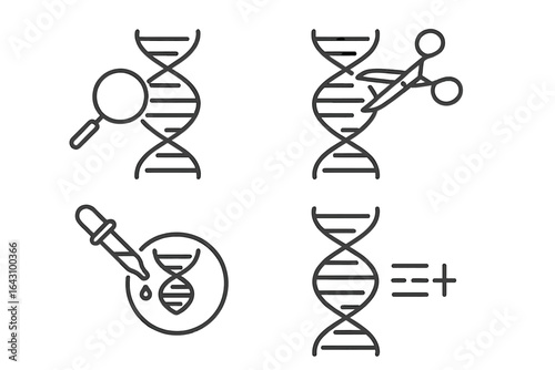 Symbols representing various aspects of DNA research and genetic engineering processes