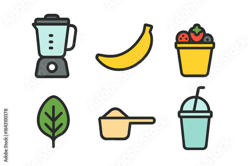 Colorful kitchen items for making healthy smoothies with fruits and greens displayed on a table
