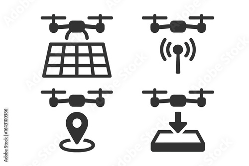 Understanding drone technology through icons representing navigation, communication, and grid mapping