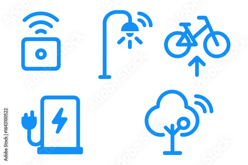 Symbols representing smart city infrastructure for sustainable urban living and transportation solutions