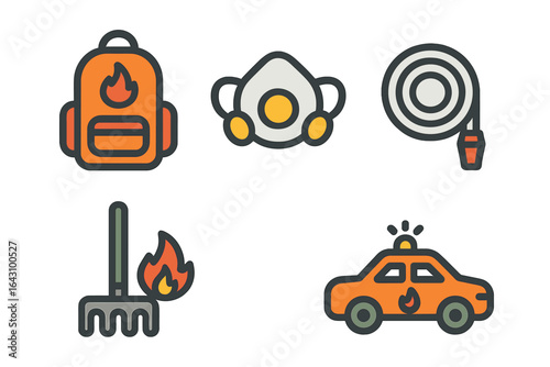 Emergency response equipment for wildfire situations featuring essential tools and safety gear in a minimalistic design