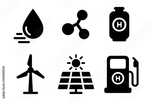 Renewable energy symbols representing water, hydrogen, wind, solar, and sustainable power sources for a green future