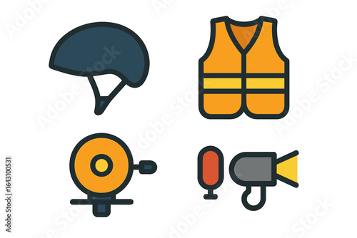 Safety equipment for cyclists featuring helmet, reflective vest, bell, and light