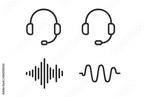 Headset icons and sound wave designs for audio communication and technology