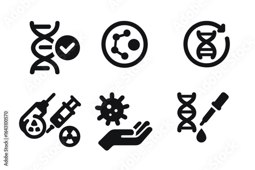 Visual representation of genetic concepts including DNA, cells, and medical preparation for research