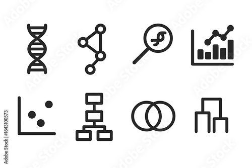 Visual representation of biological and data science concepts through icons and symbols in black and white