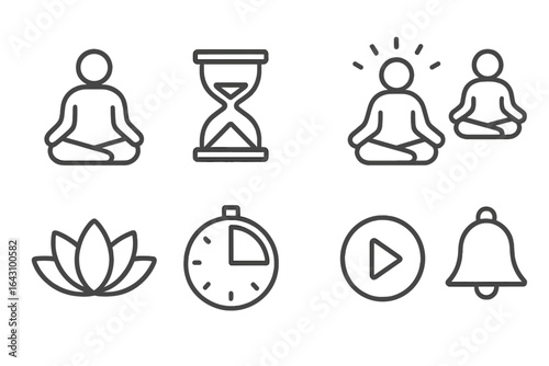 Meditation and mindfulness symbols featuring hourglass, lotus, and timer in a peaceful arrangement for relaxation and focus