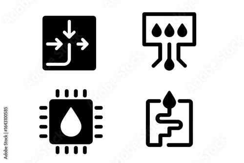 Icons representing data flow, processing, and liquid management in a digital and engineering context