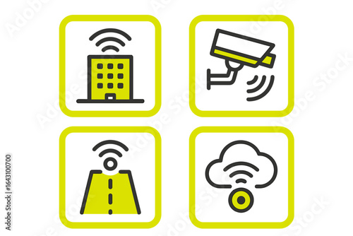 Icons representing smart city technologies for urban monitoring and safety enhancement