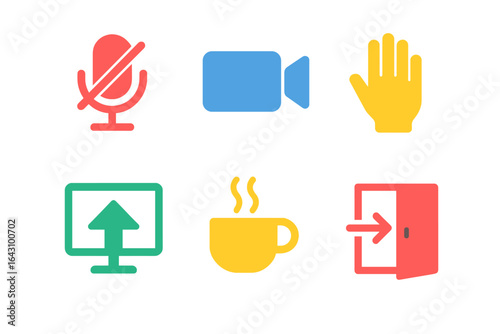 Icons representing communication, technology, and daily activities in a vibrant color scheme