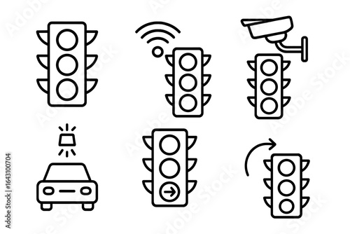 Traffic signal icons depicting various traffic light functions and transportation elements, illustrating urban mobility and safety features