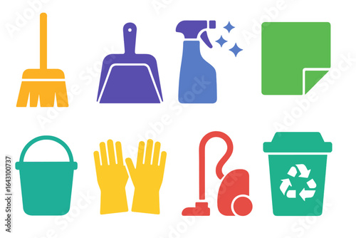 Colorful cleaning supplies icons arranged in a grid showcasing essential tools for tidying up homes and offices