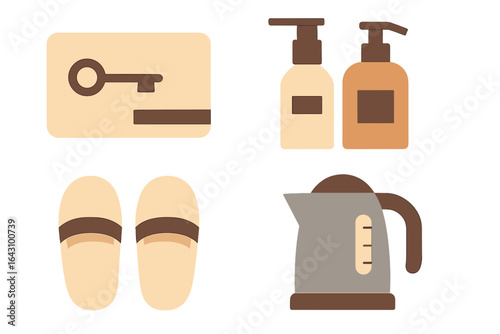 Essentials found in a hotel room including toiletries, key card, slippers, and kettle