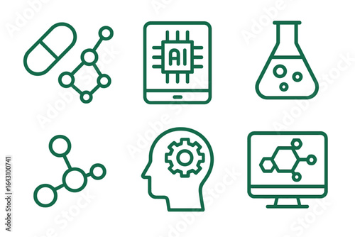 Multiple icons representing technology, science, and artificial intelligence in a modern design format