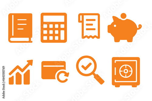 Collection of financial icons depicting budgeting, savings, and analysis activities in a simple and modern style