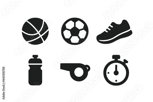 Collection of sports equipment including basketball, soccer ball, running shoe, water bottle, whistle, and stopwatch
