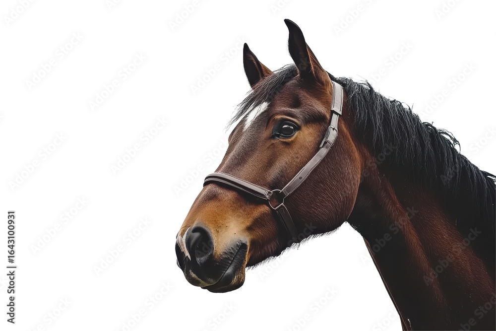 Obraz premium Close up portrait of a beautiful bay horse head with bridle isolated on transparent background. Brown horse isolated on white background.
