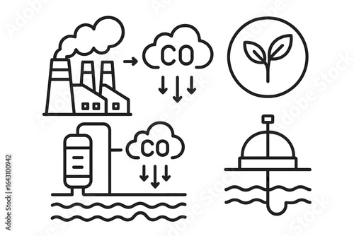 Environmental impact of carbon emissions and sustainable solutions illustrated through simple graphics