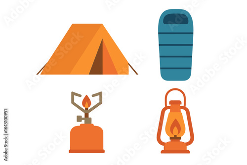 Exploring the essentials of camping with a tent, sleeping bag, lantern, and camping stove in a wilderness setting
