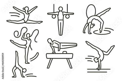 Dynamic gymnastics poses captured in outline illustrations showcasing athleticism and grace in various settings
