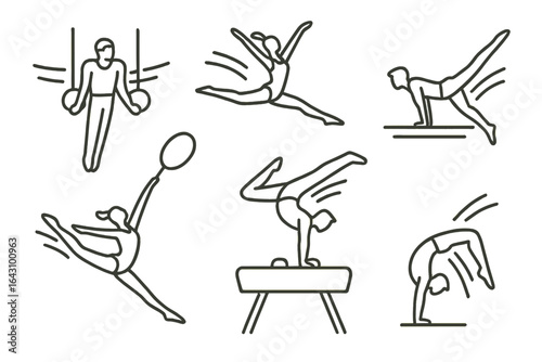 Diverse gymnastic poses captured in minimalist line art showcasing athleticism and grace during a routine practice session