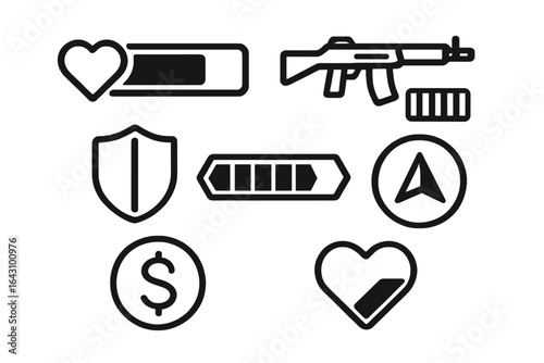 Variety of gaming icons including health bars, weapons, and currency symbols displayed on a minimalist background