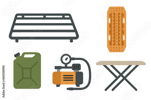 Camping gear collection including air mattress, compressor, and fuel container for outdoor adventures