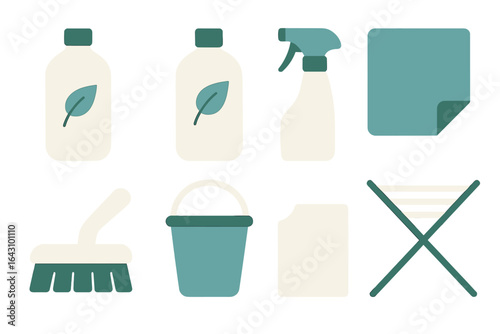 Cleaning supplies arranged neatly with bottles, cloth, and tools for a tidy home environment