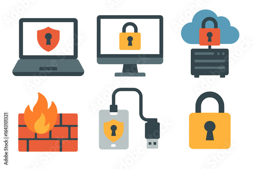 Cybersecurity icons showcasing protection measures for devices, data, and networks in a digital landscape