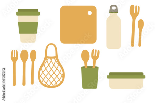 Eco-friendly kitchen essentials including reusable containers, utensils, and cups for sustainable living practices